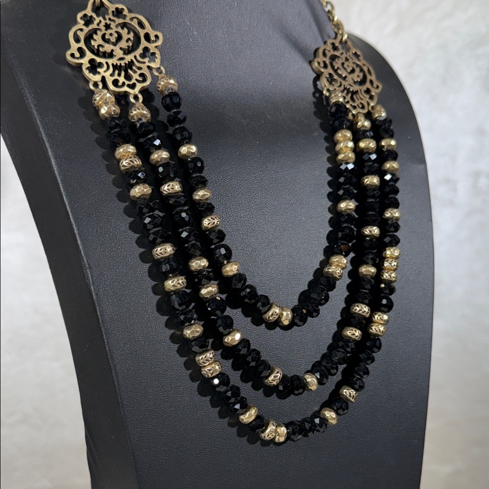 Sparkly Black and Gold Beaded Lucky Brand statement Necklace - Picture 2 of 4